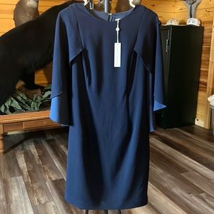 NWT Trina Turk Women Blue Wilderness Round-Neck Draped Cape Sheath Dress Size 6
